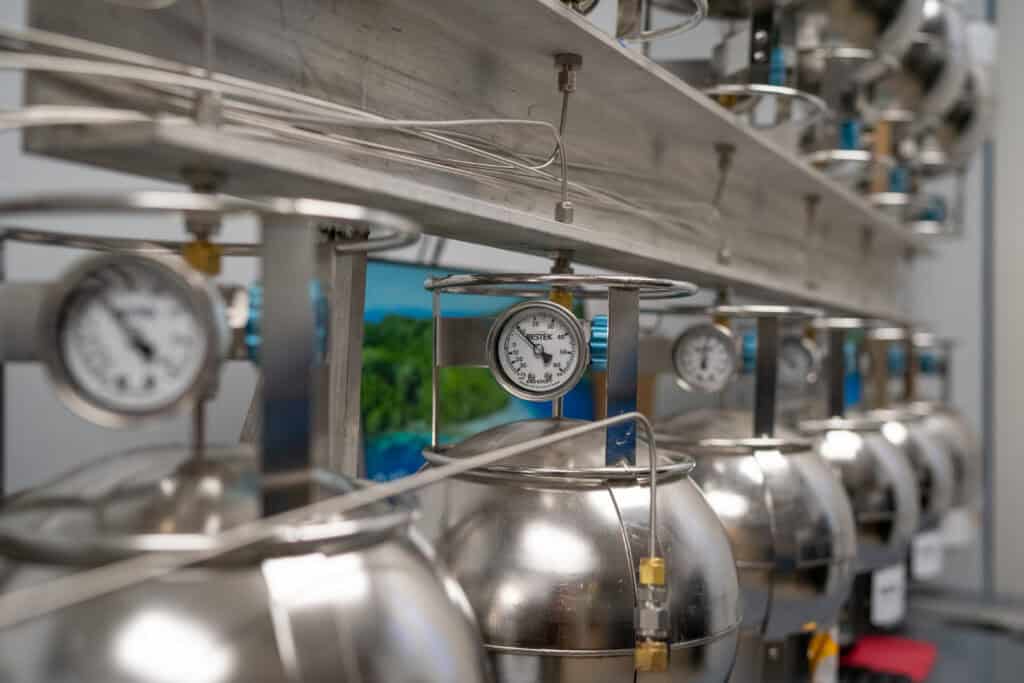 Summa canisters with pressure gauges ready for air and soil gas sampling