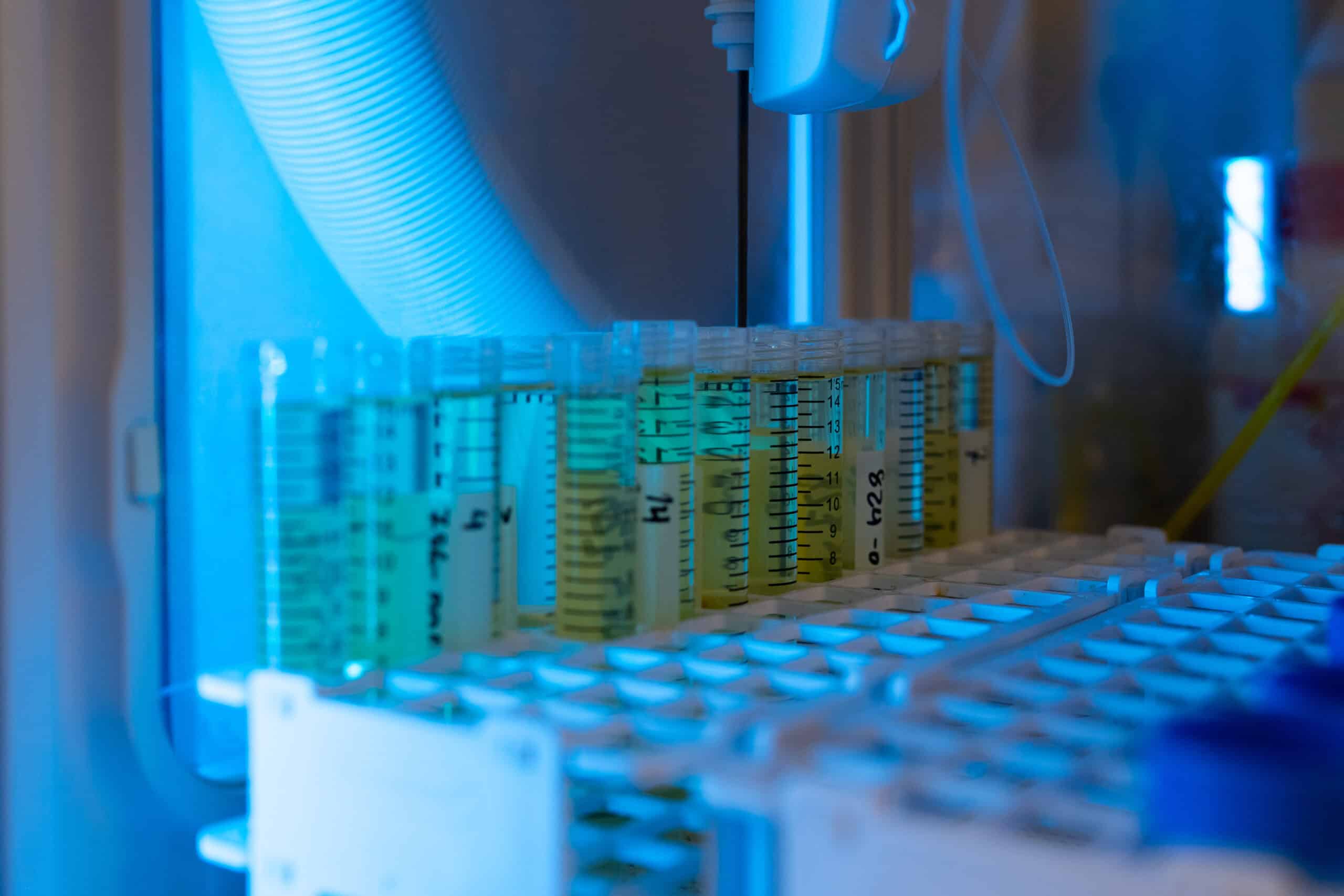 Sample vials loaded in an autosampler tray at Jones Environmental